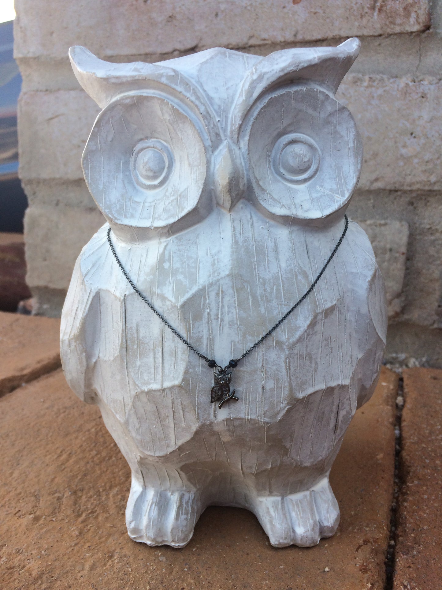 Sterling Silver Diamond Pave Owl and Black Spinel Necklace