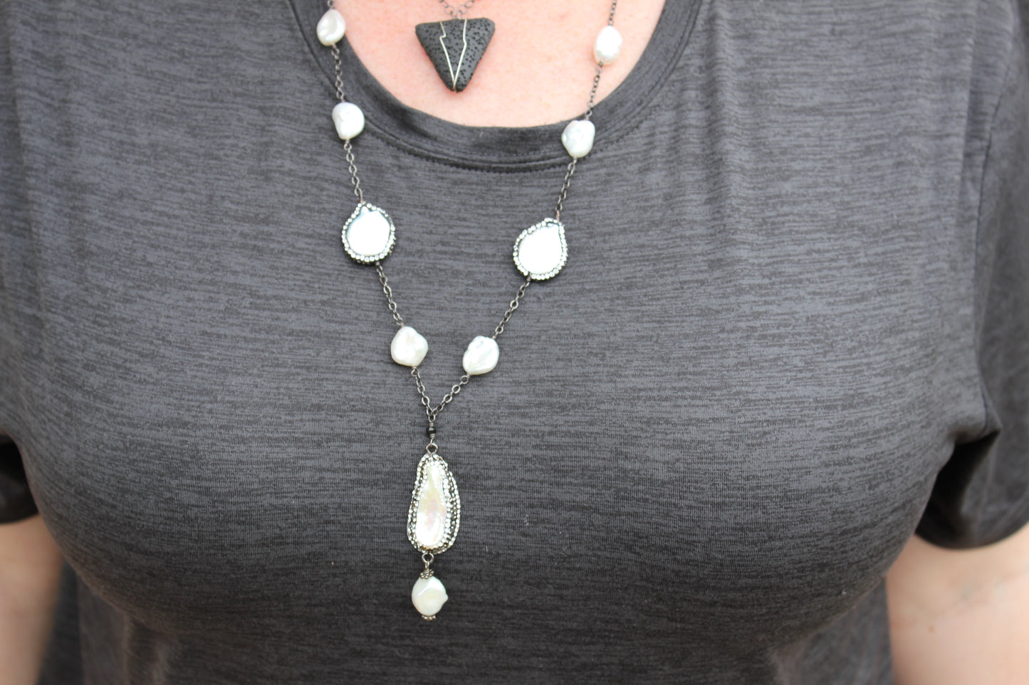 Gun Metal Keshi Pearl and Crystal Pave Pearls Necklace
