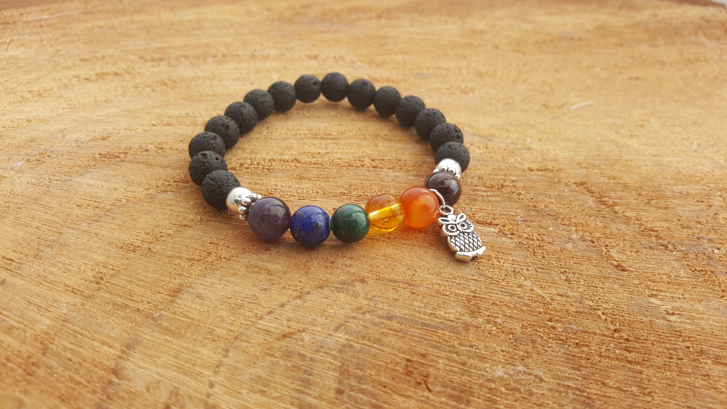 Rainbow Chakra Essential Oil Diffuser Lava Bracelet with Owl
