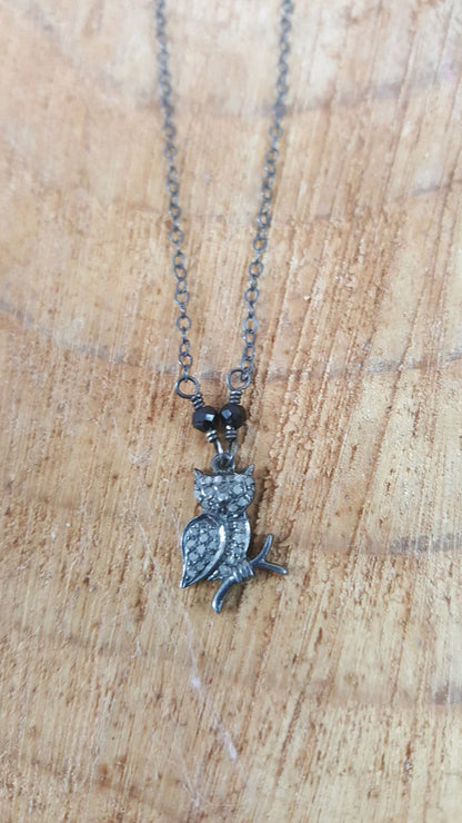 Sterling Silver Diamond Pave Owl and Black Spinel Necklace