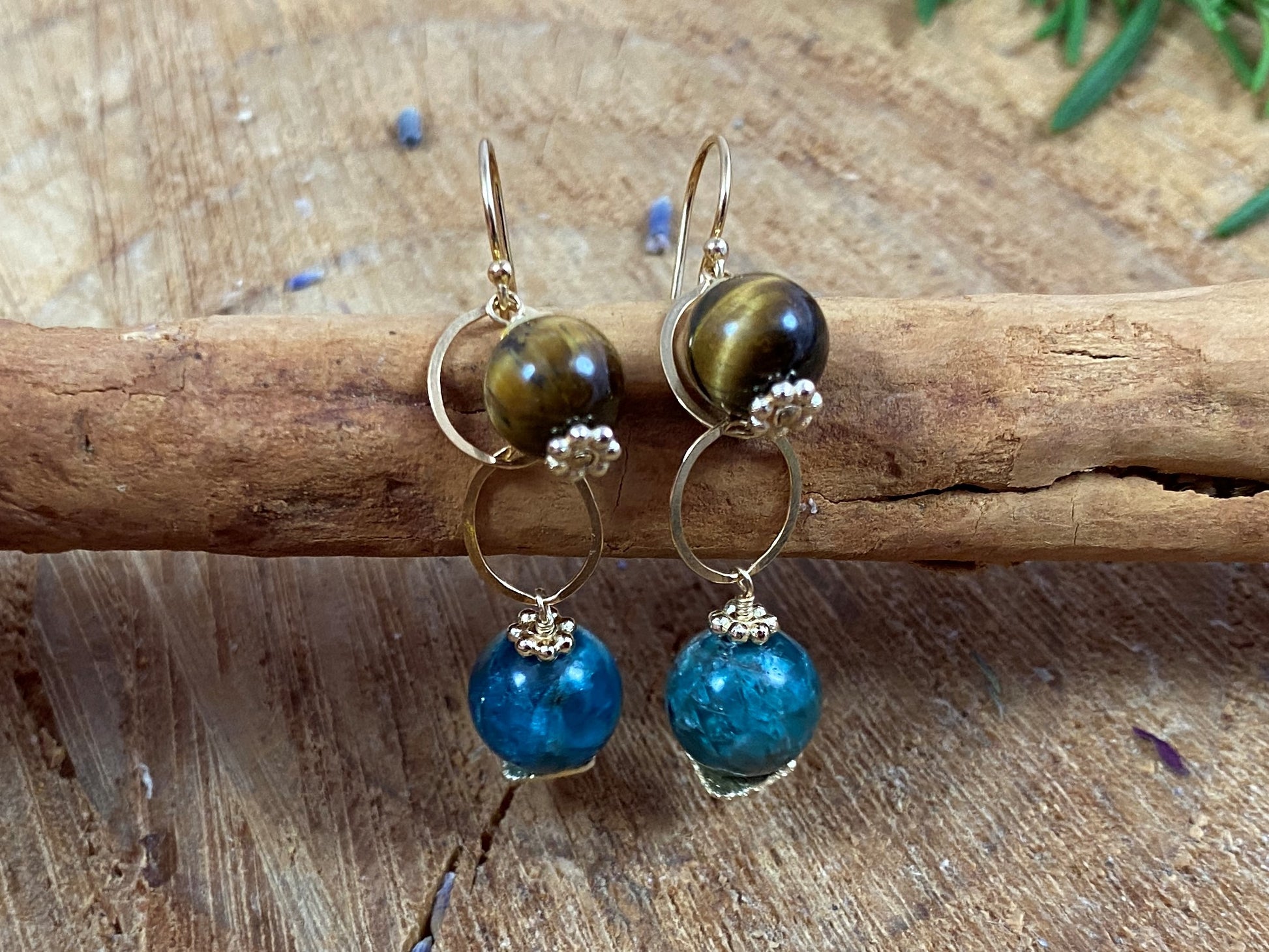 Hook Earrings with Apatite and Tiger's eye