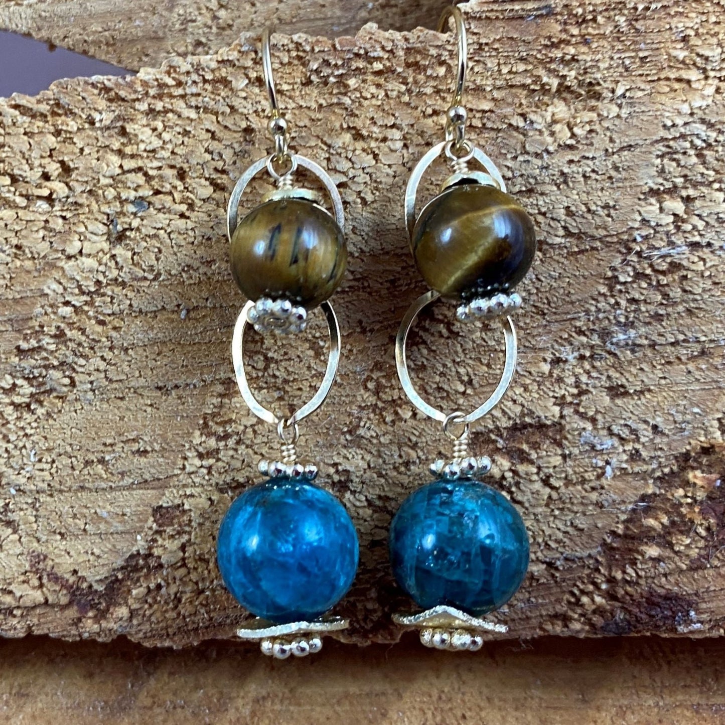 Pair of Gold Fill Earrings With Tiger's Eye and Apatite