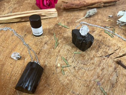 Black Tourmaline and Crystal Quartz Bottle Necklace