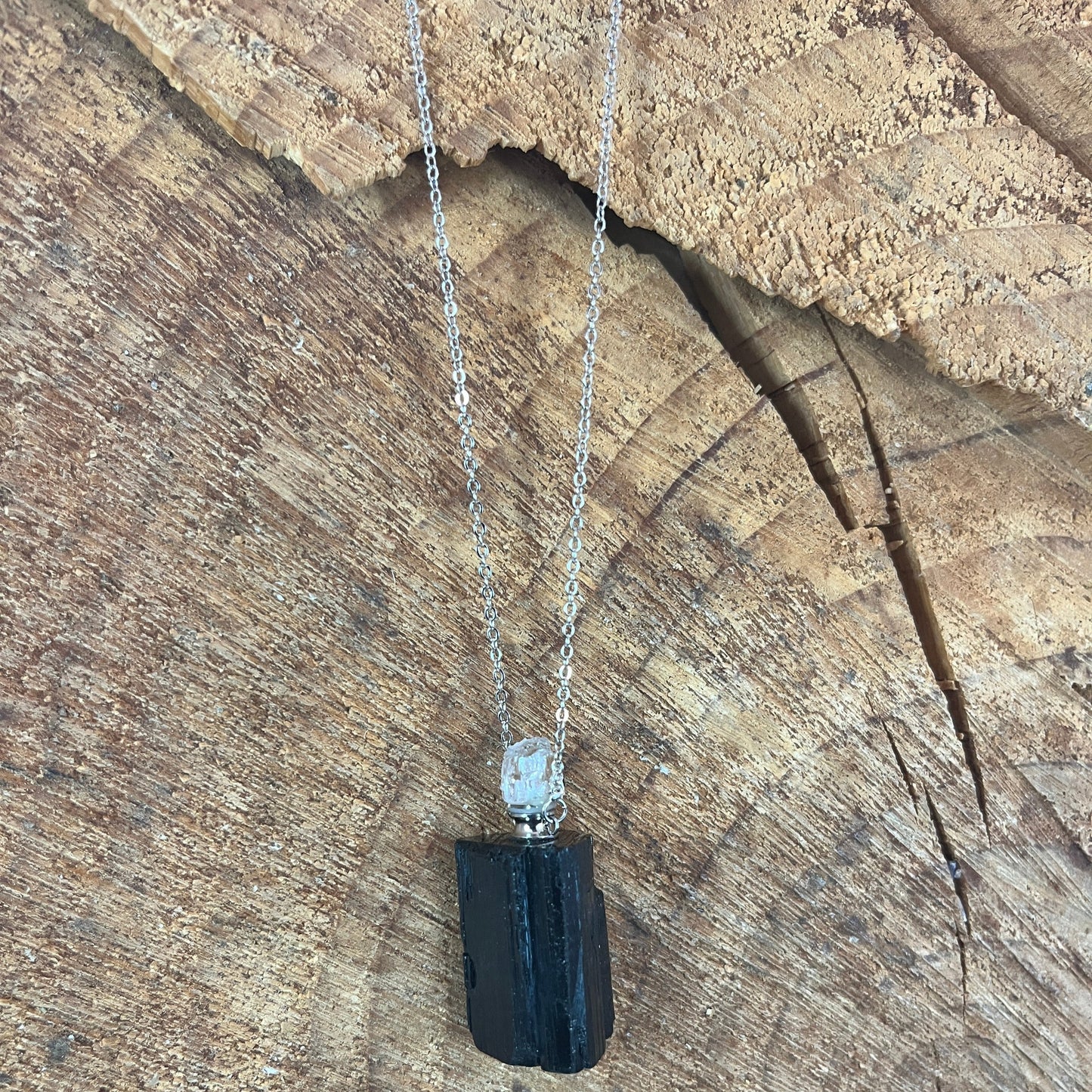 Black Tourmaline and Crystal Quartz Bottle Necklace