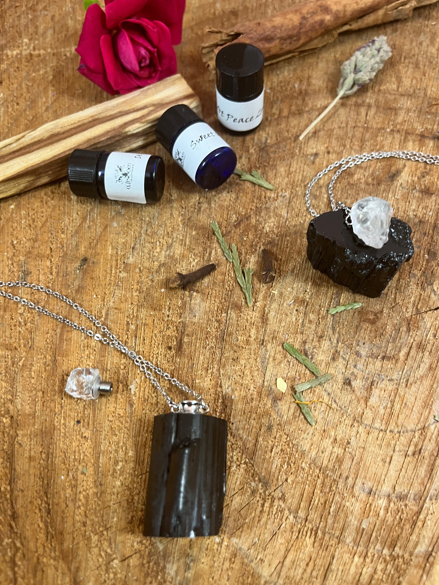 Black Tourmaline and Crystal Quartz Bottle Necklace