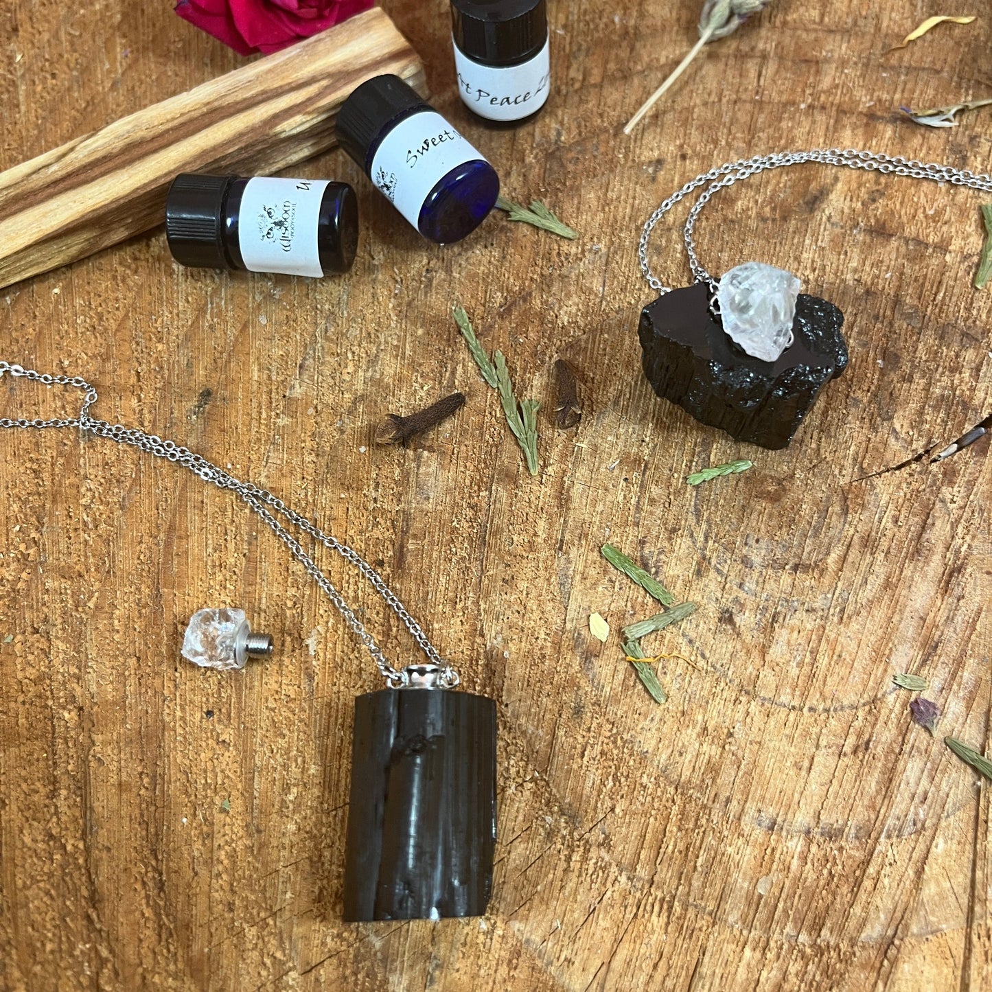 Black Tourmaline and Crystal Quartz Bottle Necklace